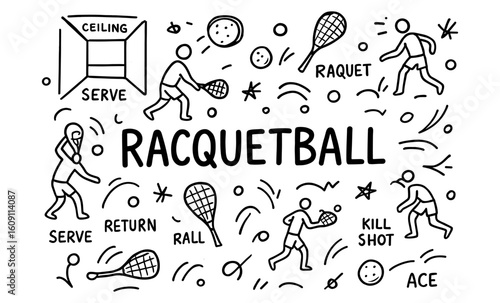Hand-drawn racquetball guide with players and equipment in motion