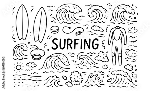 Surfing elements collection in hand-drawn doodle style with waves and surfboards