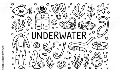 Doodle style underwater adventure gear with marine life elements