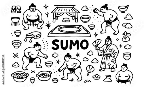 Playful sumo doodle art: cartoon wrestlers and japanese culture elements