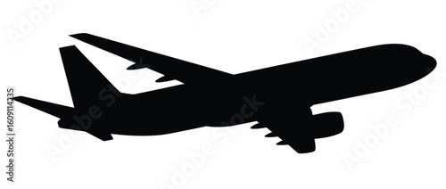  Black Silhouette of Commercial Jet Airplane in Side View Isolated on White Background Depicting Travel, Aviation, and Air Transport