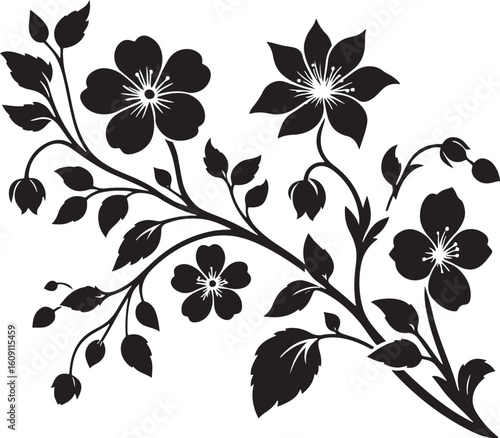 A seamless black and white floral pattern with intricate flower, leaf, and swirl elements for elegant vector art, perfect for wallpaper or tattoo designs