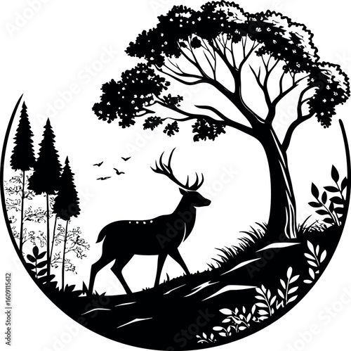 black vector silhouette of a deer in forest lands.
