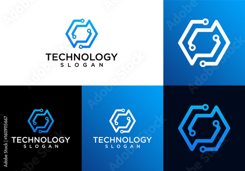vector geometric logo icon hexagon with technology circuit