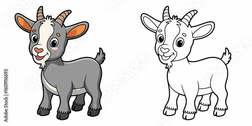 Cute Goat Cartoon: A charming cartoon depicts a playful goat, with a whimsical outline alongside, capturing the innocence of farm animals.