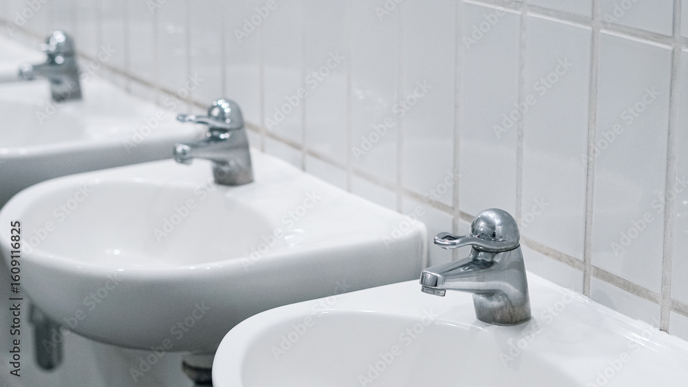 Fototapeta premium Public bathroom with white ceramic sinks and chrome faucets on clean wall