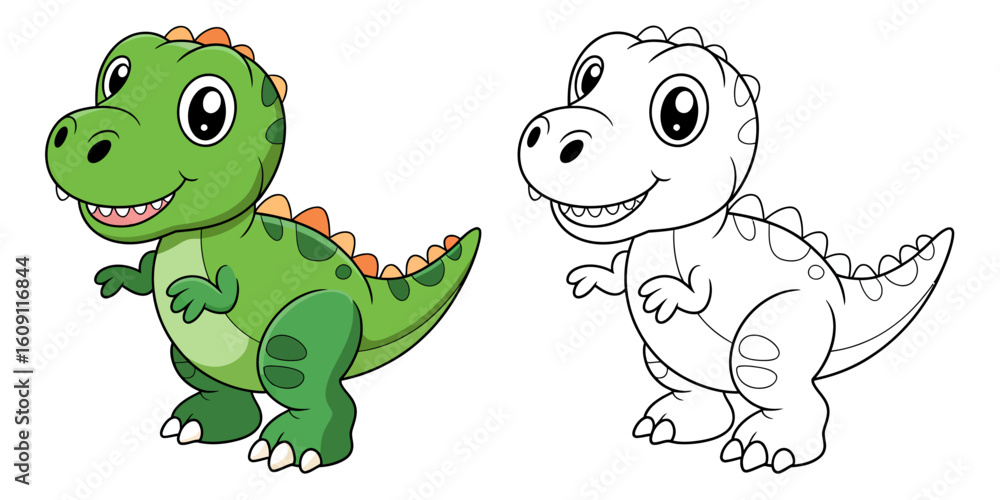 Fototapeta premium Cute Dinosaur Illustration: Delightful cartoon of a friendly dinosaur, rendered in a vibrant color palette, inviting creativity through a black and white outline for coloring.