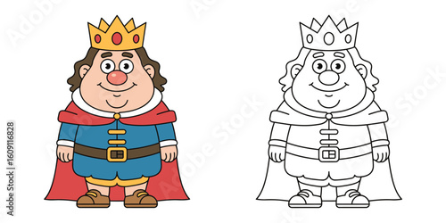 Royal Coloring Page: A whimsical king illustration in both colored and outline versions, ideal for creative activities.