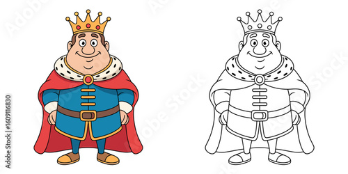 Monarch illustration: A regal king in full ceremonial attire, wearing a golden crown and ornate robes, stands with confidence, a symbol of authority and leadership. 