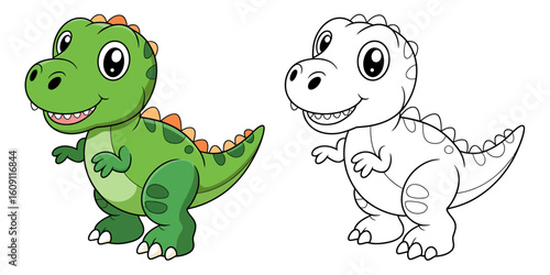 Cute Dinosaur Illustration: Delightful cartoon of a friendly dinosaur, rendered in a vibrant color palette, inviting creativity through a black and white outline for coloring.