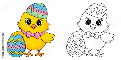 Easter Chick & Decorated Egg: A festive chick with a patterned egg and a pastel-colored Easter egg-shaped hat. Capturing a cheerful scene of springtime.