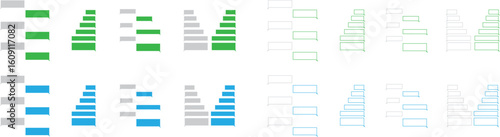 Set of chatting SMS icons with green and blue message bubbles. Conversation symbol collection, text dialog group, mobile chat interface, messaging app, and communication vector graphics