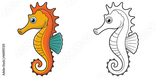 Seahorse: a vibrant seahorse with its distinctive features, including a long snout, prehensile tail, and graceful body structure, perfect for projects related to marine biology or ocean life.
