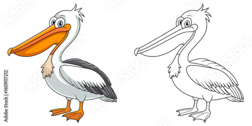 Pelican illustration: A charming pelican character, depicted in vibrant color and an outline, ready to be colored. Capturing the essence of playful cartoon wildlife.