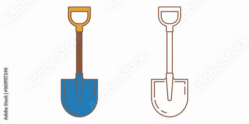 Shovel Tools: A dynamic duo of shovel images presents both a vivid, colorful illustration alongside a simple outline design, symbolizing the multifaceted applications of a shovel.