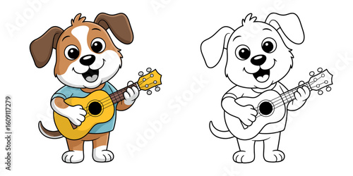 Joyful Pup Serenade: A charming puppy with a playful grin strums a ukulele. The artwork evokes a sense of carefree fun, musicality and pure happiness. 