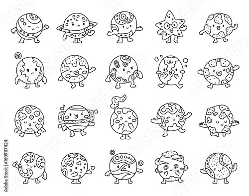 Cute cartoon planets set showing outline line art character poses and floating elements in cosmic space with astronomy theme for educational illustration creative designs projects
