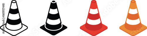 Traffic cone illustration set, black-white outline to red and orange versions, four styles progression for safety signage, icon design, vector artwork template