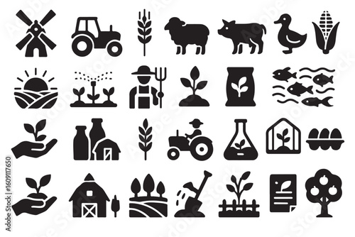 Collection of farm and agriculture icons representing crops livestock and rural life