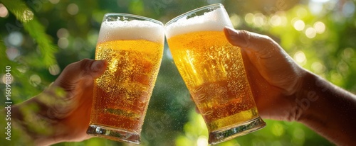 The clinking of two beer glasses in a sunny outdoor setting.