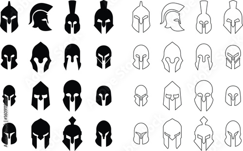 Spartan helmet icons set in flat and line vector styles. Ancient warrior symbol collection, Greek gladiator headgear group, historical battle armor, medieval knight, and mythology emblem