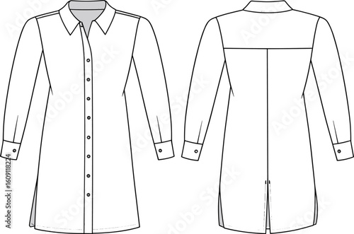 Technical long-sleeved shirt illustration with front and back views, collar details, button placket, yoke, cuffs, side slits, and pleat construction design