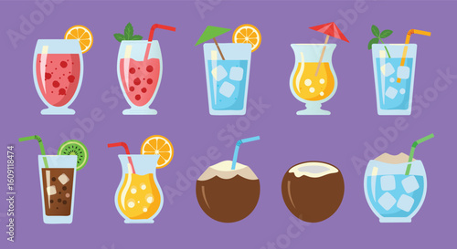 Colorful cocktail set tropical summer drinks bar menu illustration