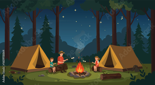 Family Camping Night Forest Campfire Tents