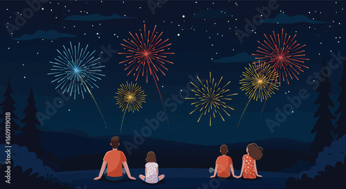 Family Watching Festive Fireworks Display Celebration Night