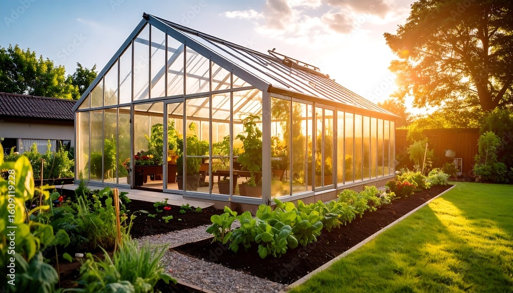 Fototapeta premium Greenhouse garden at sunset