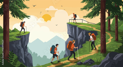 Group Hiking Trekking Outdoor Adventure Mountain Landscape