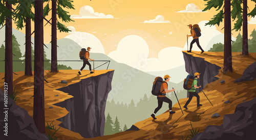 Hikers trekking on mountain trails at sunset