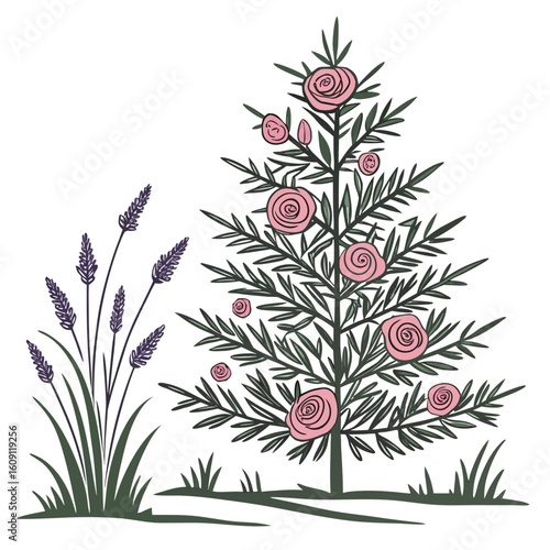 Charming garden rose and lavender Christmas tree, a unique and fragrant floral holiday display.