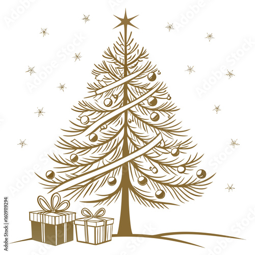 Dazzling glamorous gold Christmas tree with shimmering baubles, a luxurious holiday centerpiece.