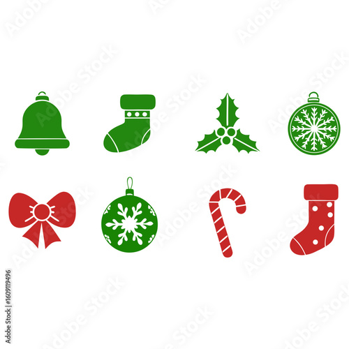 set of christmas symbols. christmas symbol collection set of holly berry lolipop candy christmas ball santa claus socks bow ribbon red and green color isolated on white cute simple flat vector .
