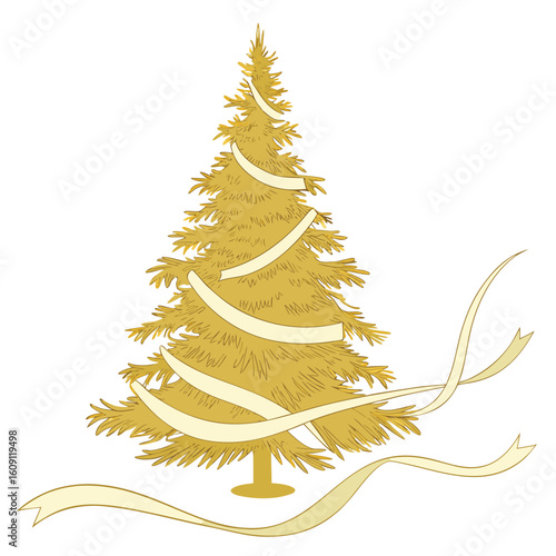 Beautiful golden champagne Christmas tree with sheer tulle ribbons, creating a soft ethereal look.