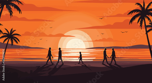 Pixel Art Sunset Beach Landscape People Palm Trees