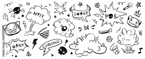 Crayon doodle speech bubbles with colorful chalk lines and abstract swear words. Angry expressions, rude symbols, curse shapes. Vector hand drawn conversation frames with bad, negative emotion