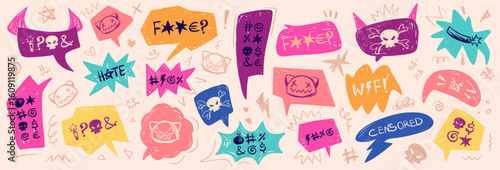 Crayon doodle speech bubbles with colorful chalk lines and abstract swear words. Angry expressions, rude symbols, curse shapes. Vector hand drawn conversation frames with bad, negative emotion