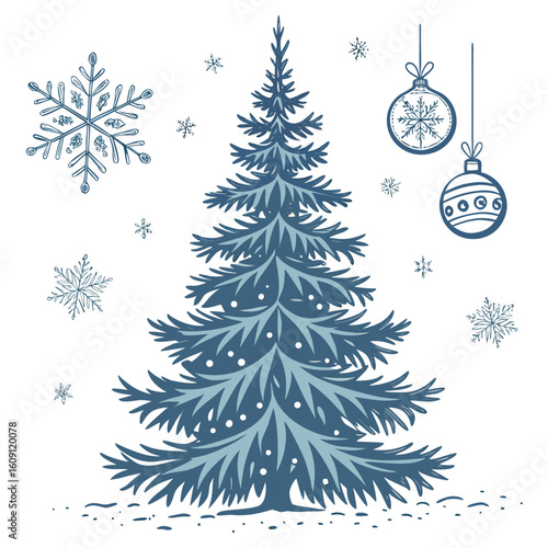 Enchanting icy blue Christmas tree adorned with delicate snowflake ornaments and shimmering lights.