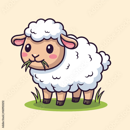 A cute cartoon sheep with fluffy white wool stands on a patch of grass while eating.
