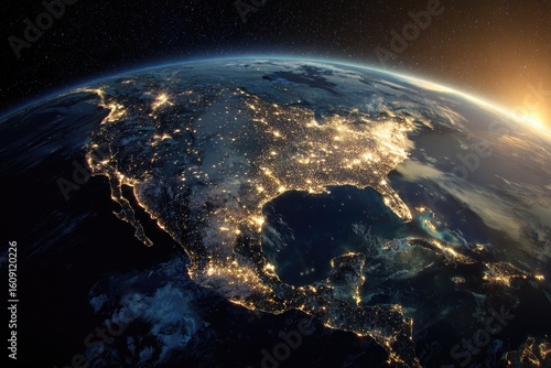Earth's North America at night, lit by city lights. Sunrise view from space