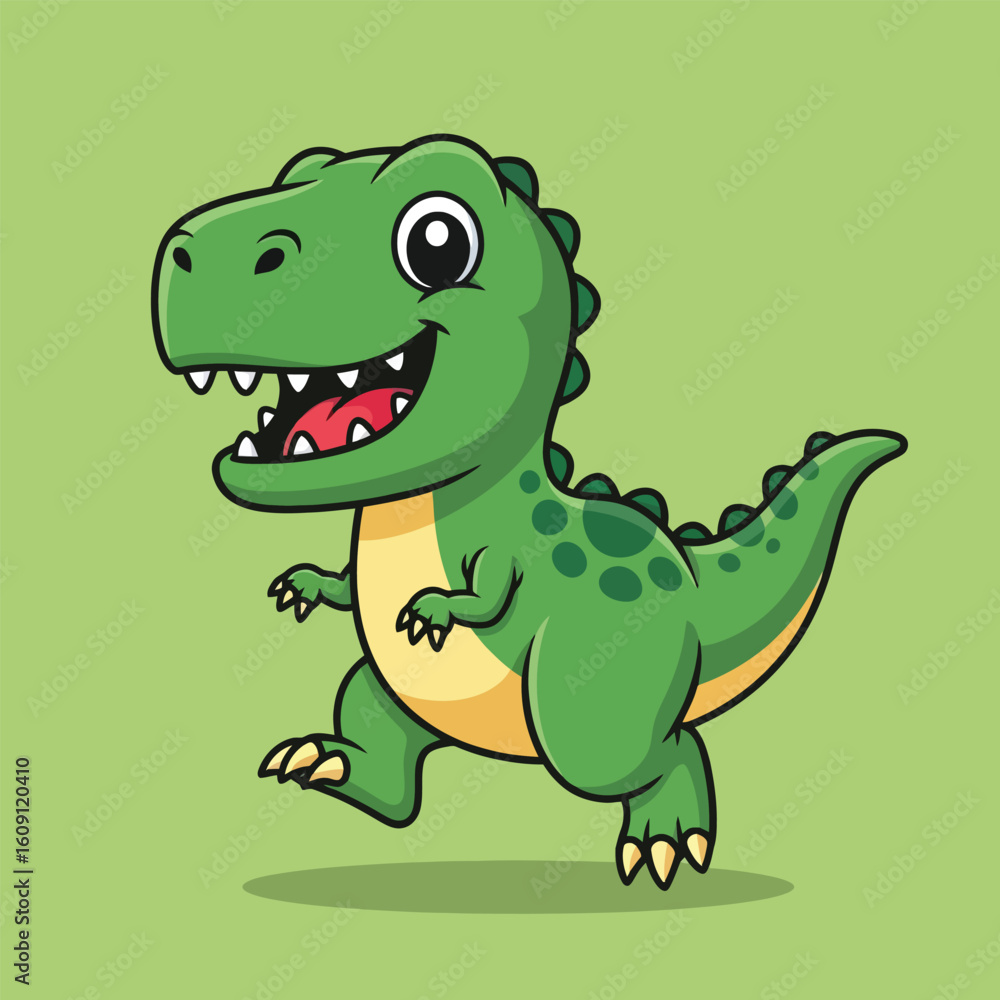 Fototapeta premium Happy green cartoon dinosaur walking, cheerful expression, playful pose.
