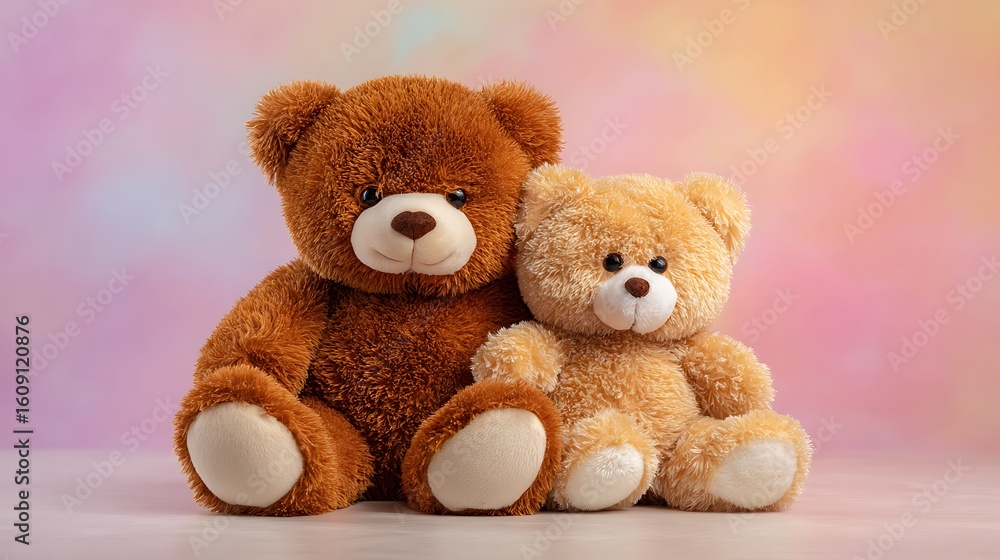 Obraz premium Big and small brown teddy bears sitting on soft pastel background high quality adorable plush toy pair