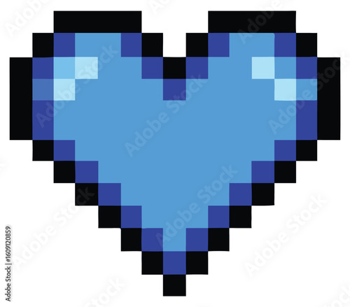 A retro pixel art heart icon in vibrant blue with a classic 8-bit video game aesthetic, perfect for digital design and gaming themes