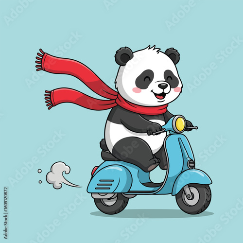 An adorable cartoon panda with a flowing red scarf joyfully rides a vintage blue moped.