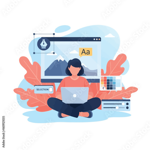 Woman designing on a laptop, surrounded by design tools and elements, creating digital graphics.