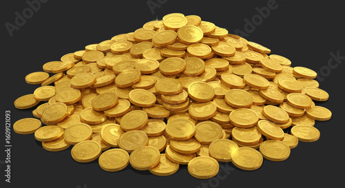 Cartoon illustration showing a large pile of gold coins on a dark background