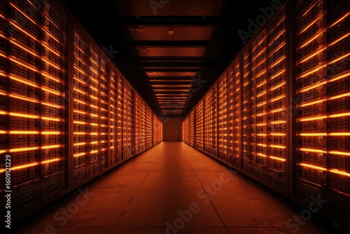 Wallpaper Mural Long server room corridor lit by orange glow Torontodigital.ca