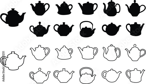 Set of teapot icons in flat, outline, silhouette, and minimalist vector styles. Teapot group, kettle collection, boiling pot, ceramic brew, kitchen drinkware symbol bundle, household cooking elements.